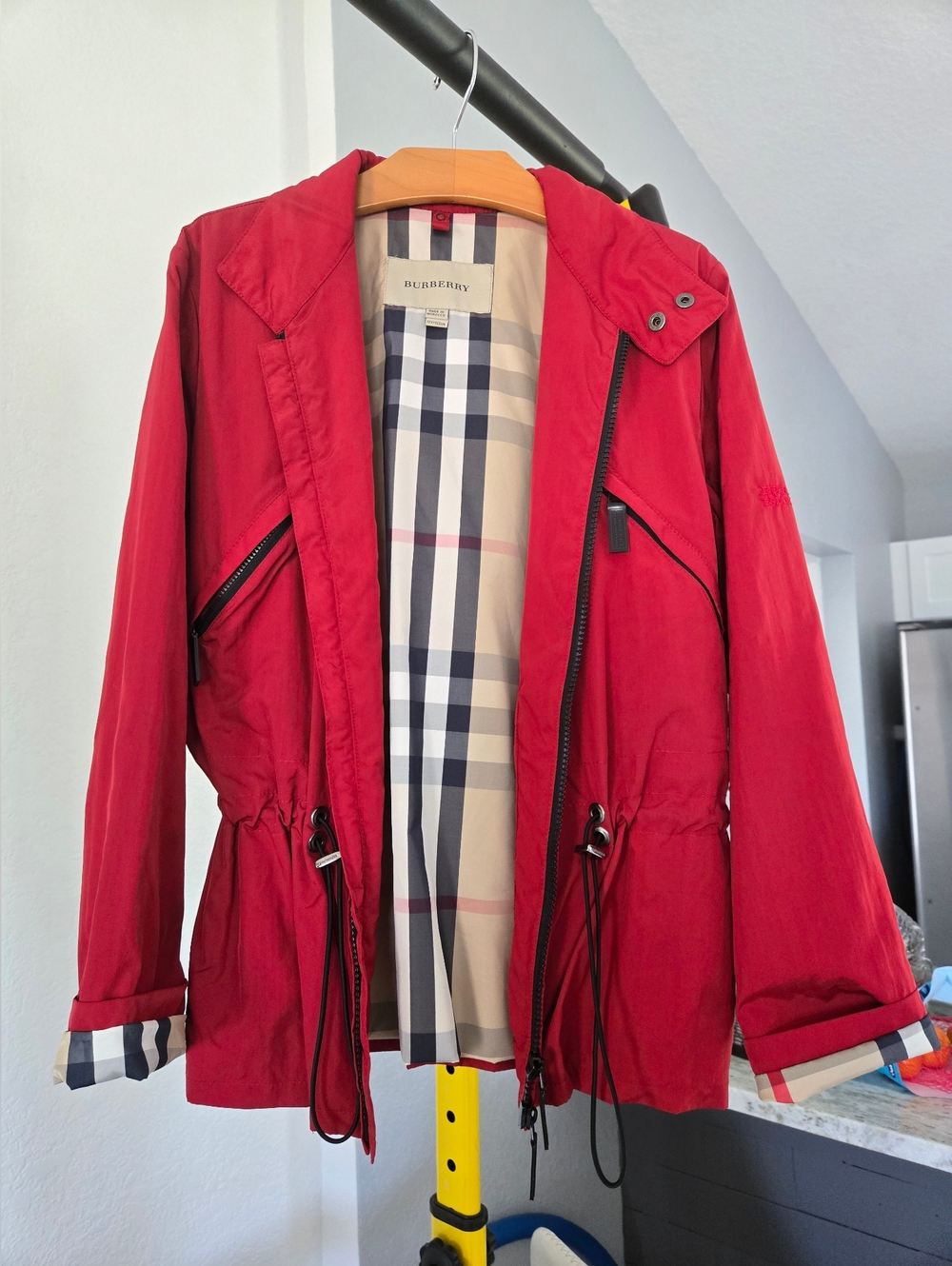 Nice Authentic Burberry Red  with Iconic Check Lining Raincoat With Matching Hat